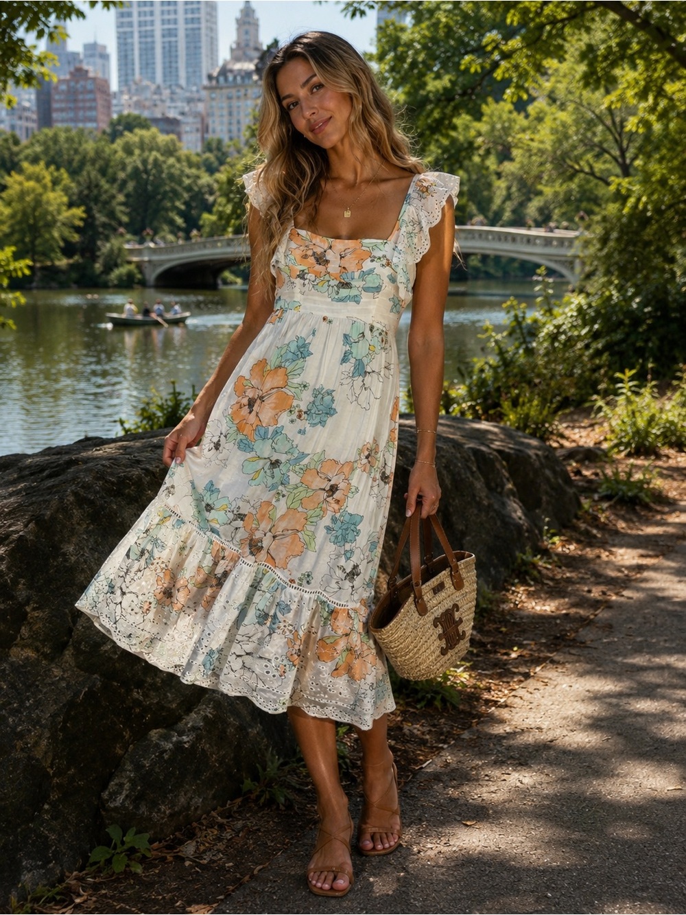 Wonderly White Midi Dress with Orange and Aqua Floral Print